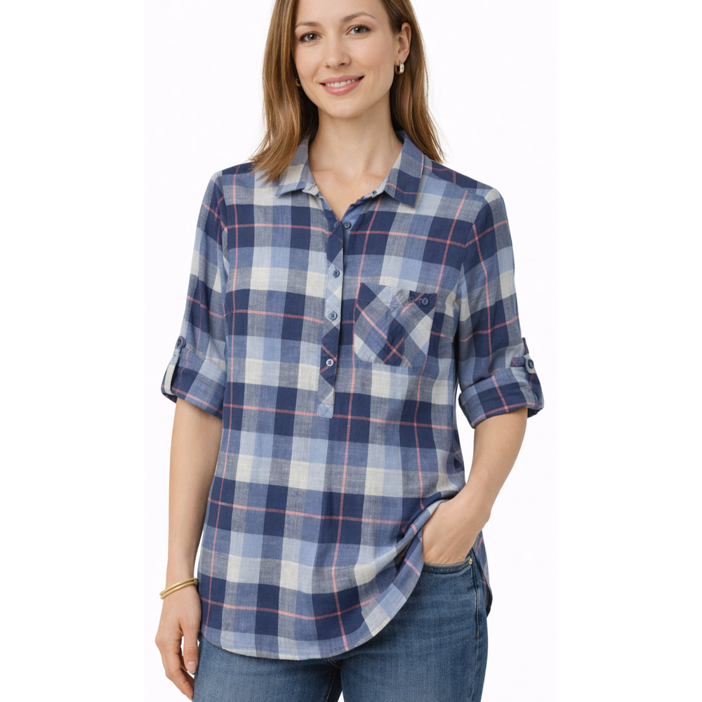 Columbia PFG Womens L Blue Plaid Shirt Cotton Roll Tab Sleeve Fishing Outdoor